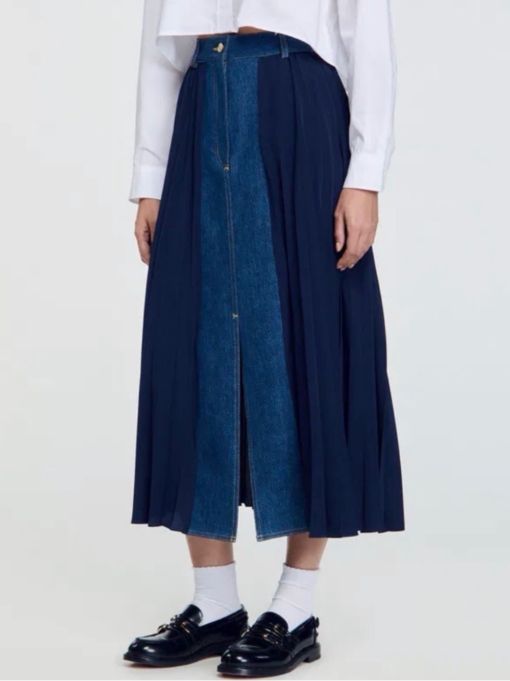 Sandro Navy and Denim Mixed-Fabric Pleated Midi Skirt